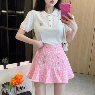 Short-sleeve Embroidered Polo Shirt / A-line Skirt