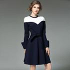 Long-sleeved Color-block Tie-waist Loose-fit Crewneck A-line Sheath Dress