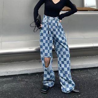 High Waist Checkerboard Distressed Loose-fit Jeans