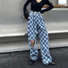 High Waist Checkerboard Distressed Loose-fit Jeans
