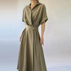Asymmetrical Short-sleeve Shirred Midi Shirtdress