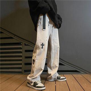 High-waist Embroidered Straight-cut Pants