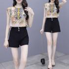Set: Cap Sleeve Stand Collar Embroidered Top + A-line Shorts