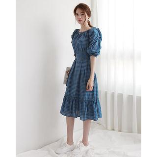 Puff-sleeve Plaid Dress With Sash