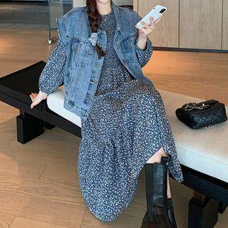 Long-sleeve Floral Print Midi A-line Dress / Denim Vest