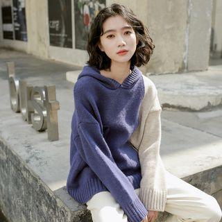 Plain V-neck Hooded Sweater Grayish Blue - One Size