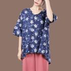 Elbow-sleeve Floral Print T-shirt Blue - One Size