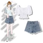 Lace Up Short-sleeve Blouse / Fringed Hem Denim Shorts