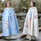 Flower Embroidered Hooded Fleece-lined Cape