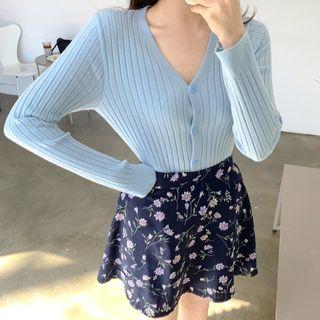 Pastel-color V-neck Rib-knit Cardigan