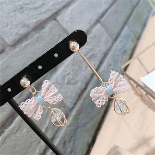 Asymmetric Bow Earring 1 Pair - Non Matching - Pink Bow - Gold - One Size