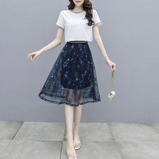 Set: Short-sleeve T-shirt + Star Embroidered A-line Mesh Skirt