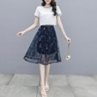 Set: Short-sleeve T-shirt + Star Embroidered A-line Mesh Skirt