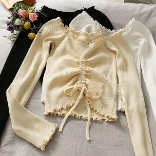 Off-shoulder Drawstring Crop Knit Top