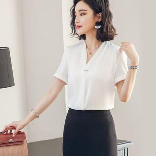 Long/ Short-sleeve Split-neck Blouse/ Mini Pencil Skirt/ Set