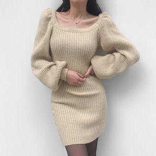 Crew-neck Long-sleeve Knit Mini Sheath Dress