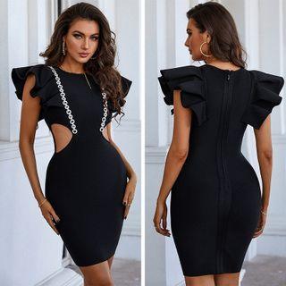 Ruffle Sleeves Cut-out Mini Sheath Dress