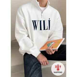 Zip-front Letter-embroidered Boxy Pullover
