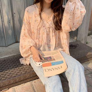 Set: Flower Print Chiffon Lantern-sleeve V-neck Blouse + Camisole As Shown In Figure - One Size