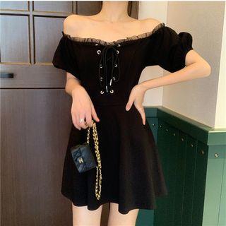 Off-shoulder Lace-up Front Dress Black - One Size