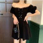 Off-shoulder Lace-up Front Dress Black - One Size