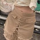 Lace-up Lace Trim A-line Denim Skirt