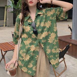Elbow-sleeve Leaf Print Shirt Maple Leaf - Green - One Size