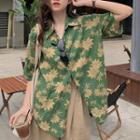 Elbow-sleeve Leaf Print Shirt Maple Leaf - Green - One Size