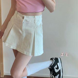 Short-sleeve Strawberry Print T-shirt / Denim Mini A-line Skort
