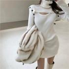 Long-sleeve Turtleneck Button Detail Knit Mini Sheath Dress White - One Size