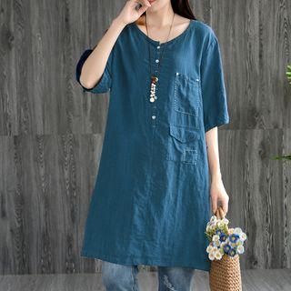 Elbow-sleeve Buttoned A-line Mini Dress