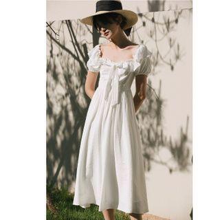Ruffle Trim Bow Puff-sleeve Midi A-line Dress