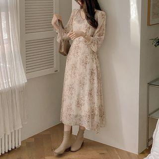 Tie-neck Chiffon Floral Long Dress