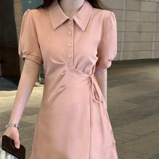Elbow-sleeve Polo Neck Mini A-line Dress Pink - One Size