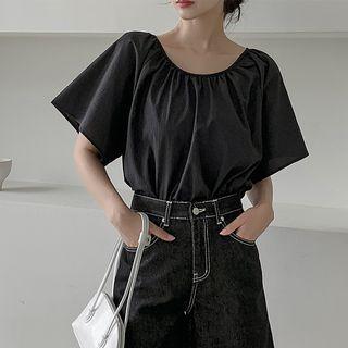 Raglan Bell-sleeve Shirred Blouse