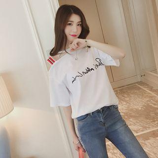 Elbow-sleeve Cutout-shoulder Lettering Top