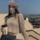 Turtle Neck Long-sleeve Cable Knit Cropped Top Almond - One Size