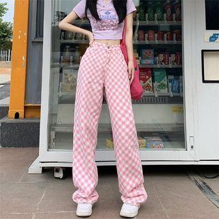Mid-rise Plain Check Straight Leg Jeans