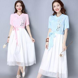 Floral Print Color Panel Short Sleeve Dress