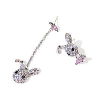 Non-matching Rhinestone Rabbit Dangle Earring E9081 - Rabbit - Silver - One Size