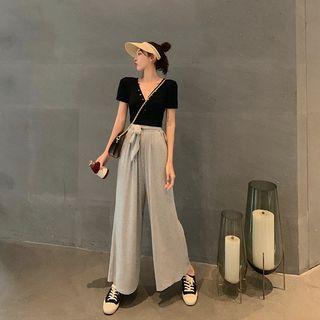 Plain Tie-waist Wide-leg Pants