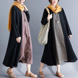 Check Panel Long-sleeve Midi A-line Dress