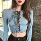 Lace-up Long-sleeve Slim-fit Cropped Top Blue - One Size