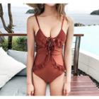 Frill Trim Lace Up Front Swimsuit