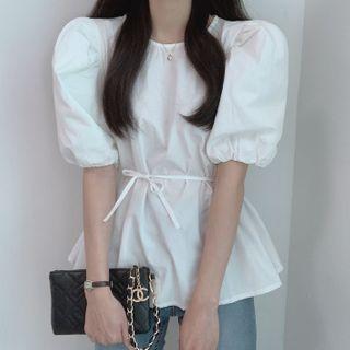 Plain Round-neck Puff-sleeve Top