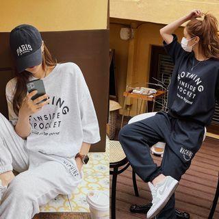 Set: 3/4-sleeve Letter Sweatshirt + Jogger Pants
