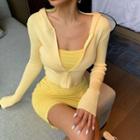 Spaghetti Strap Crinkled Mini Sheath Dress / Hooded Cardigan