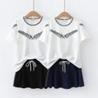Set: Embroidered Short-sleeve T-shirt + Drawstring A-line Skirt