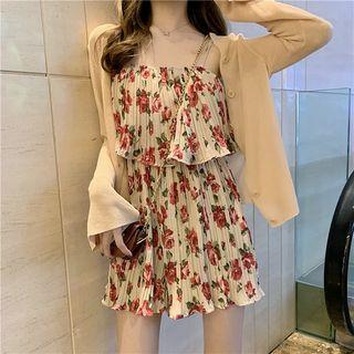 Spaghetti Strap Floral Print Playsuit / Bell-sleeve Cardigan