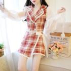 Set: Frilled Trim Plaid Panel Top + Bow-accent Asymmetric Mini Skirt